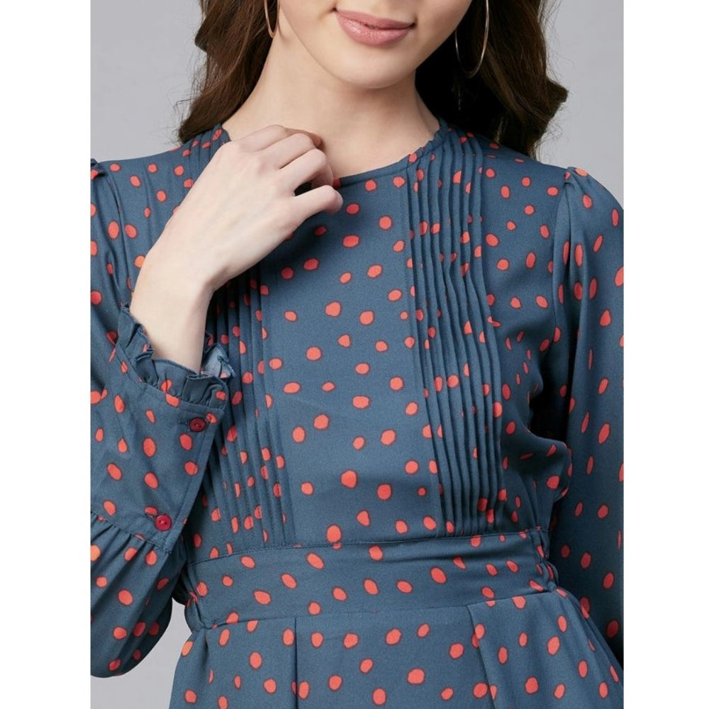 Women's Polyester Polka Long Sleeves Above Knee Dress (Grey - Coral)