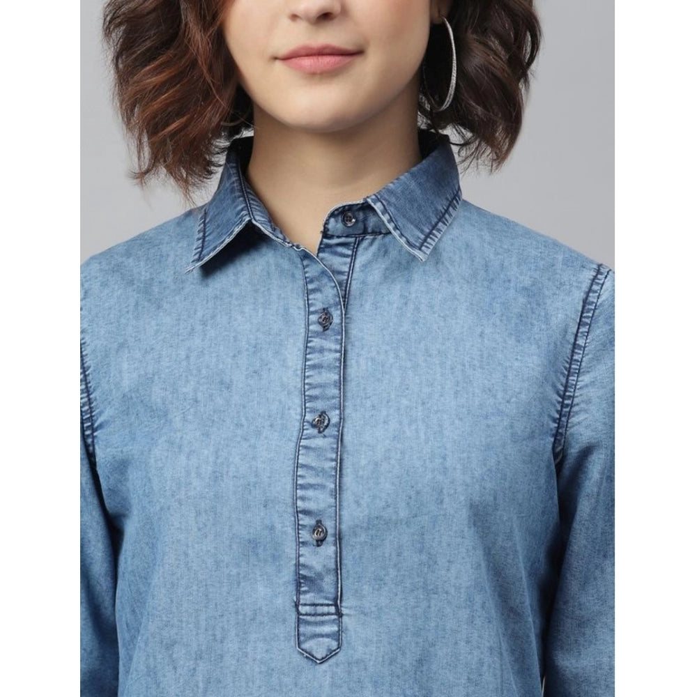 Women's Denim Solid Long Sleeves Above Knee Dress (Ice Blue)