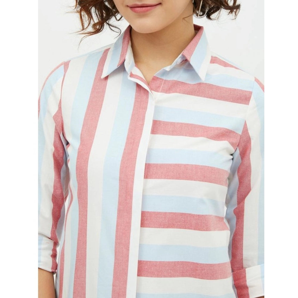 Women's Cotton Striped Long Sleeves Standard Length Shirt (Pink)