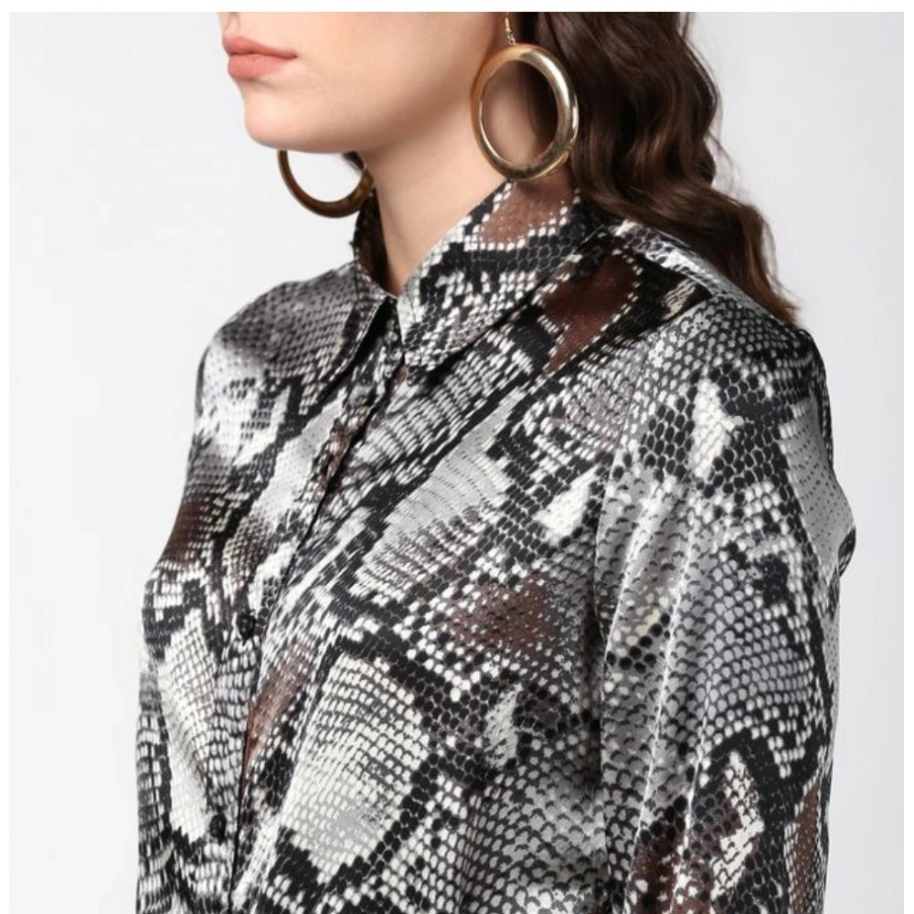 Women's Satin Animal Print Long Sleeves Standard Length Shirt (Black - Grey)