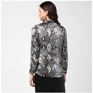Women's Satin Animal Print Long Sleeves Standard Length Shirt (Black - Grey)