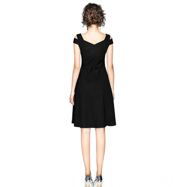 Women's Polyester Solid V Neck Cap Sleeve off Shoulder Dress (Black)