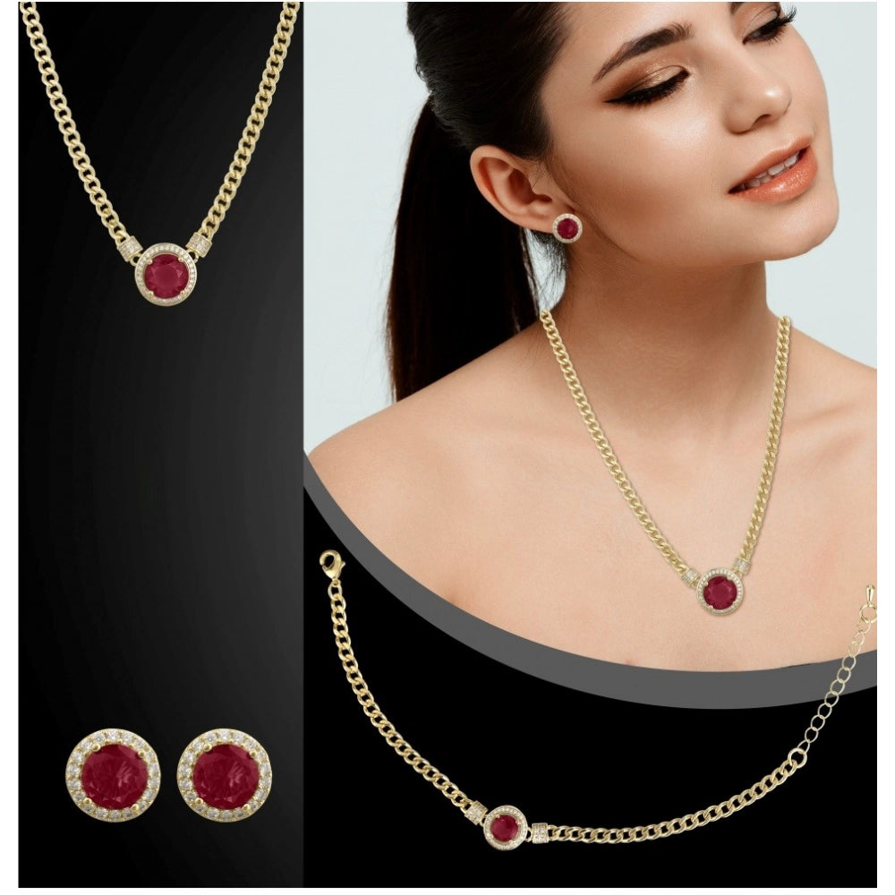 Women's Stainless Steel Red Color Golden Chain Western Combo Jewelry (Gold Plated)