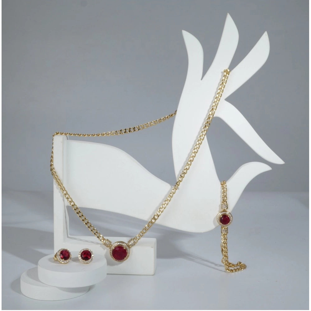 Women's Stainless Steel Red Color Golden Chain Western Combo Jewelry (Gold Plated)