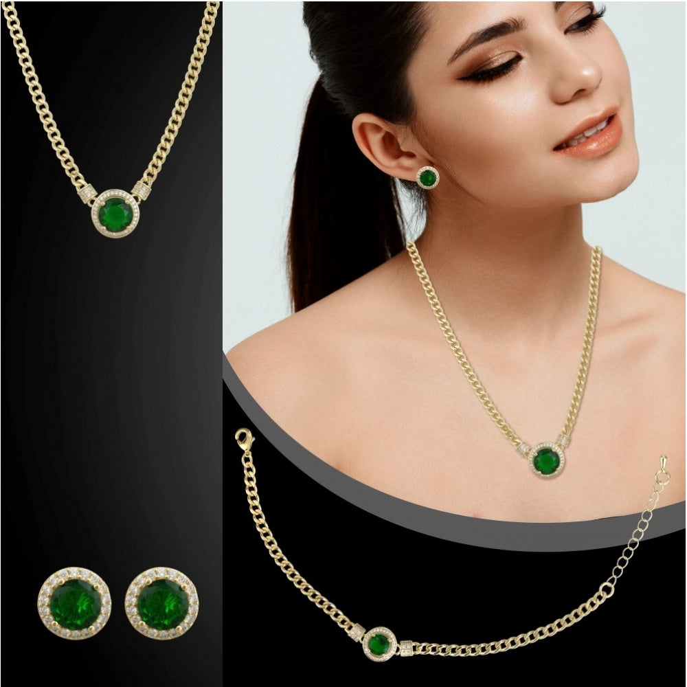 Women's Stainless Steel Green Color Golden Chain Western Combo Jewelry (Gold Plated)