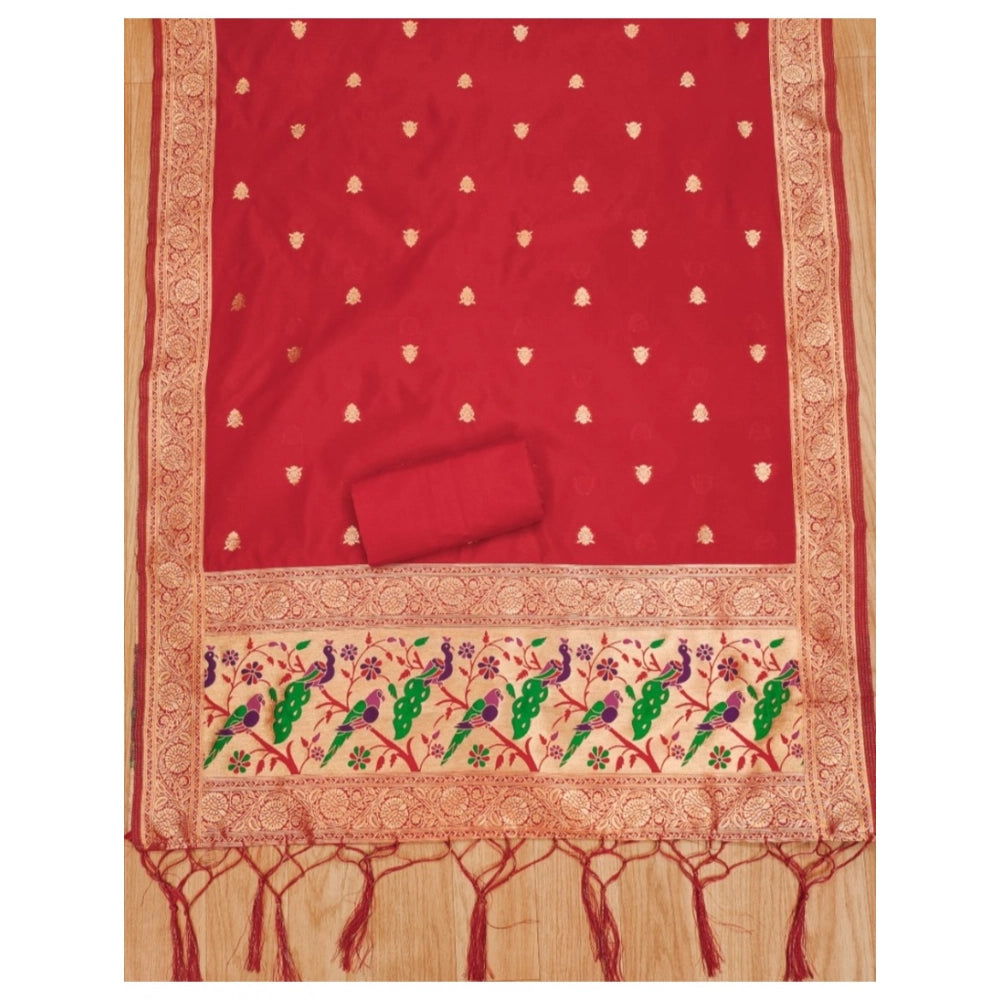 Women's Banarasi Silk Printed Unstitched Salwar Suit Material With Dupatta (Red, 3Mtrs)