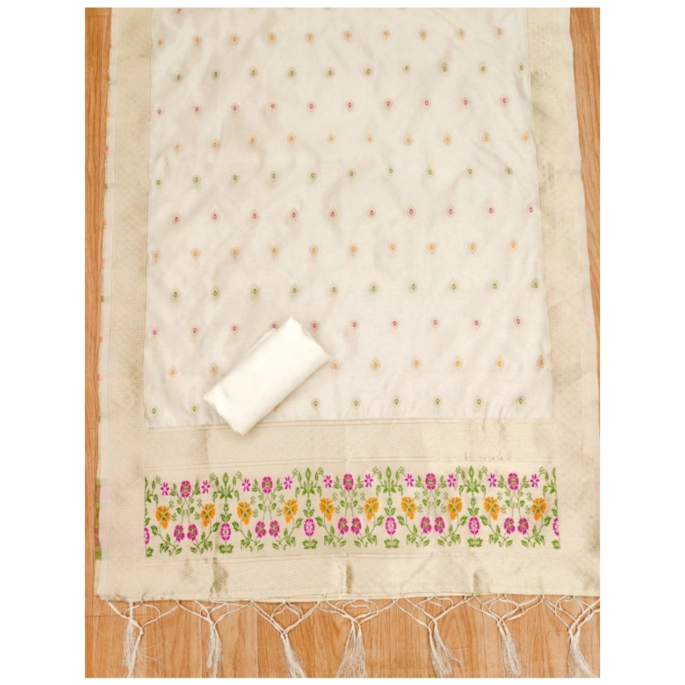 Women's Banarasi Silk Printed Unstitched Salwar Suit Material With Dupatta (White, 3Mtrs)