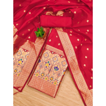 Women's Banarasi Silk Printed Unstitched Salwar Suit Material With Dupatta (Red, 3Mtrs)