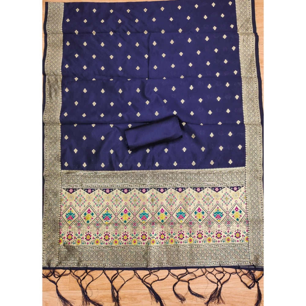 Women's Banarasi Silk Printed Unstitched Salwar Suit Material With Dupatta (Navy Blue, 3Mtrs)