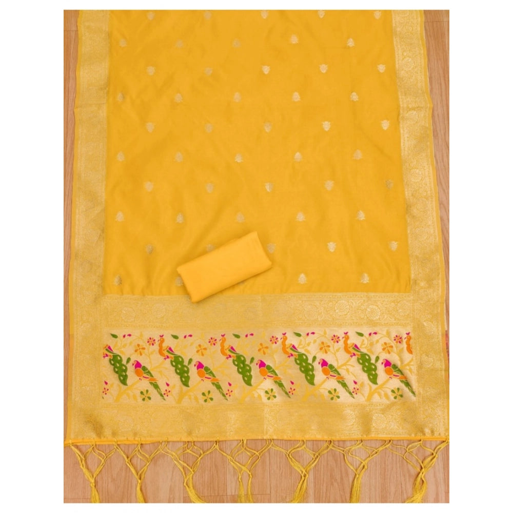 Women's Banarasi Silk Printed Unstitched Salwar Suit Material With Dupatta (Yellow, 3Mtrs)