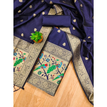 Women's Banarasi Silk Printed Unstitched Salwar Suit Material With Dupatta (Navy Blue, 3Mtrs)
