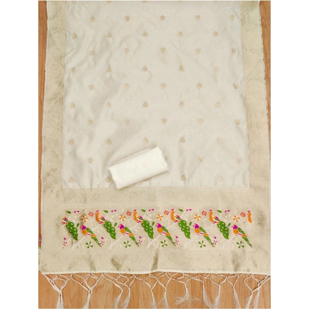 Women's Banarasi Silk Printed Unstitched Salwar Suit Material With Dupatta (White, 3Mtrs)