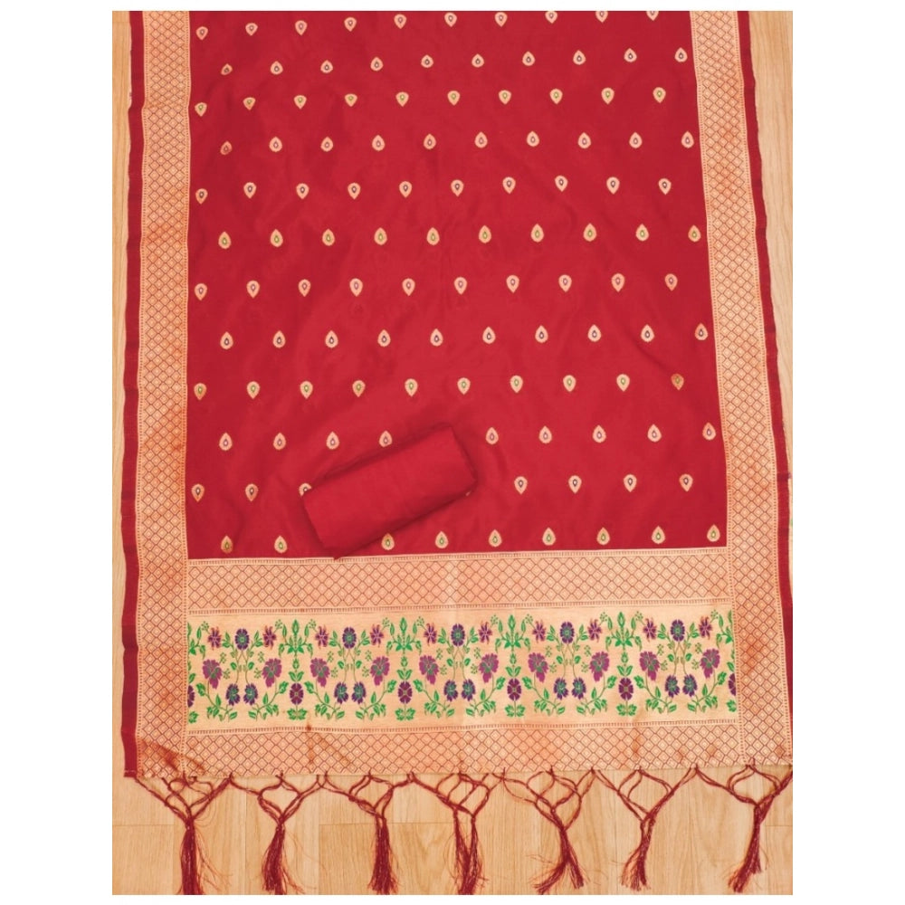 Women's Banarasi Silk Printed Unstitched Salwar Suit Material With Dupatta (Red, 3Mtrs)