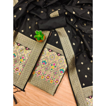 Women's Banarasi Silk Printed Unstitched Salwar Suit Material With Dupatta (Black, 3Mtrs)