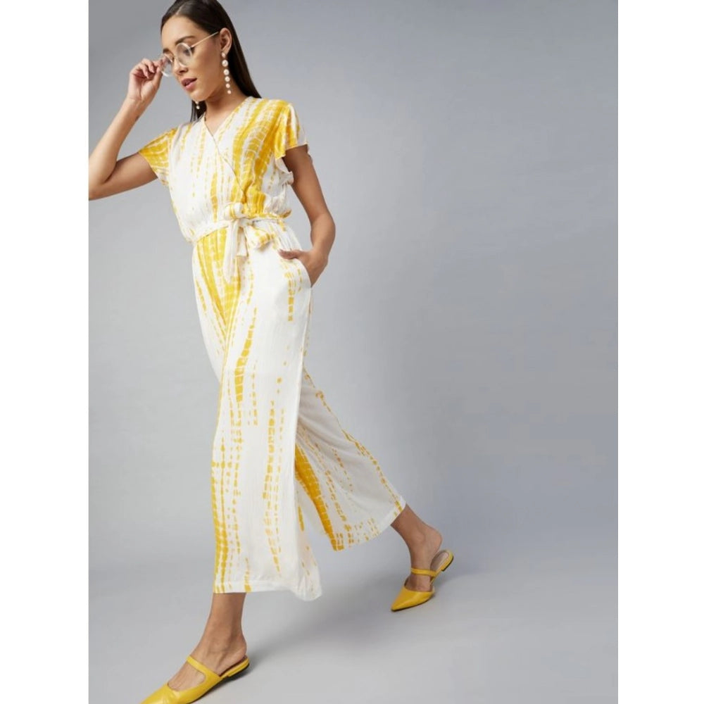 Women's Rayon Striped Short Sleeve Jumpsuit (Yellow - White)