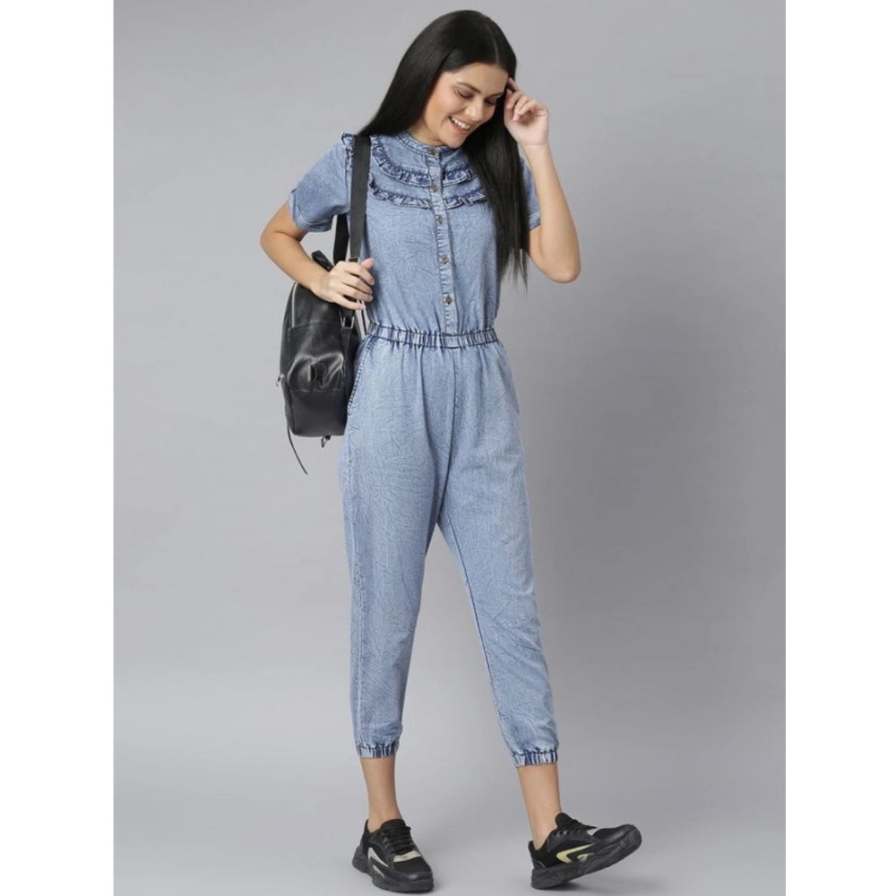 Women's Denim Self Design Tie Ups Jumpsuit (Blue)