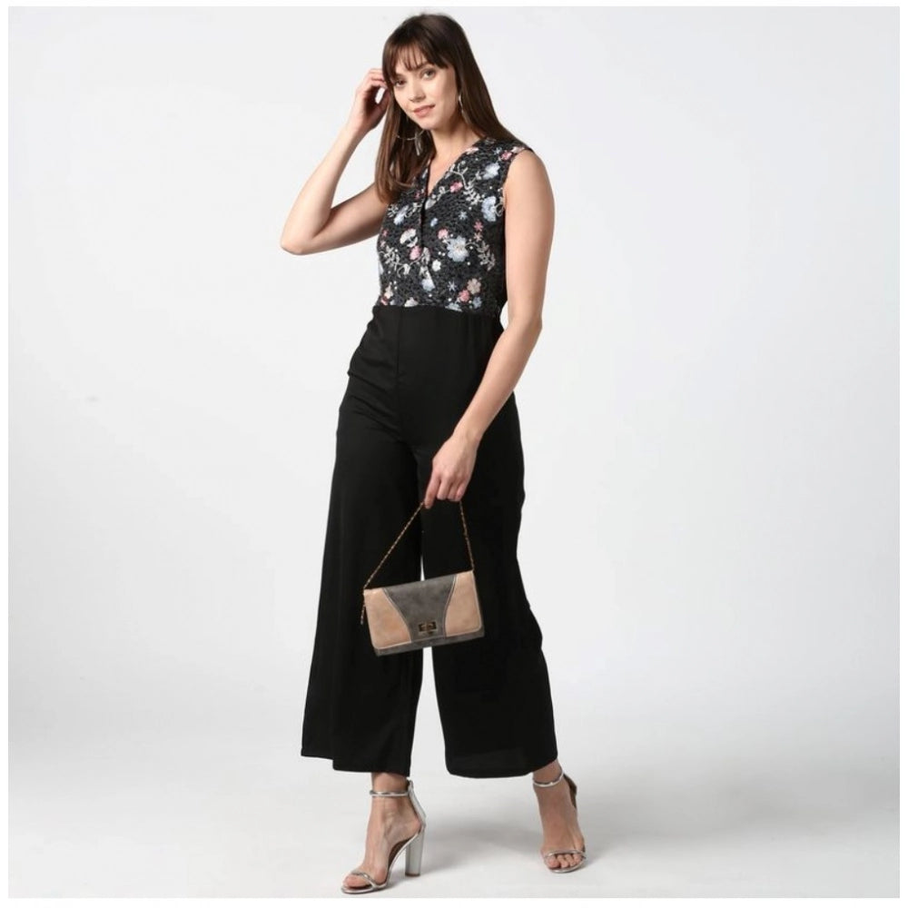 Women's Polyester Embroidered Sleeveless Jumpsuit (Black)