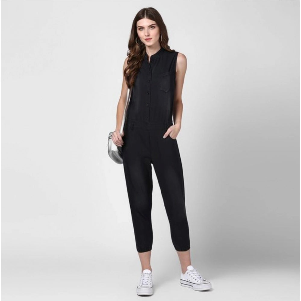 Women's Denim Solid Sleeveless Jumpsuit (Black)