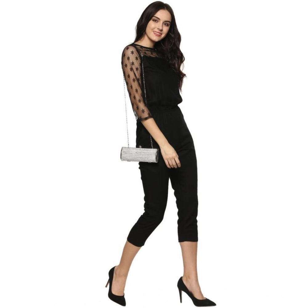 Women's Polyester Self Design 3/4th Sleeve Jumpsuit (Black)