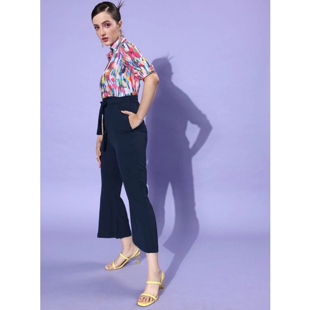 Women's Polyester Printed 3/4th Sleeve Jumpsuit (Multicolor - Navy)