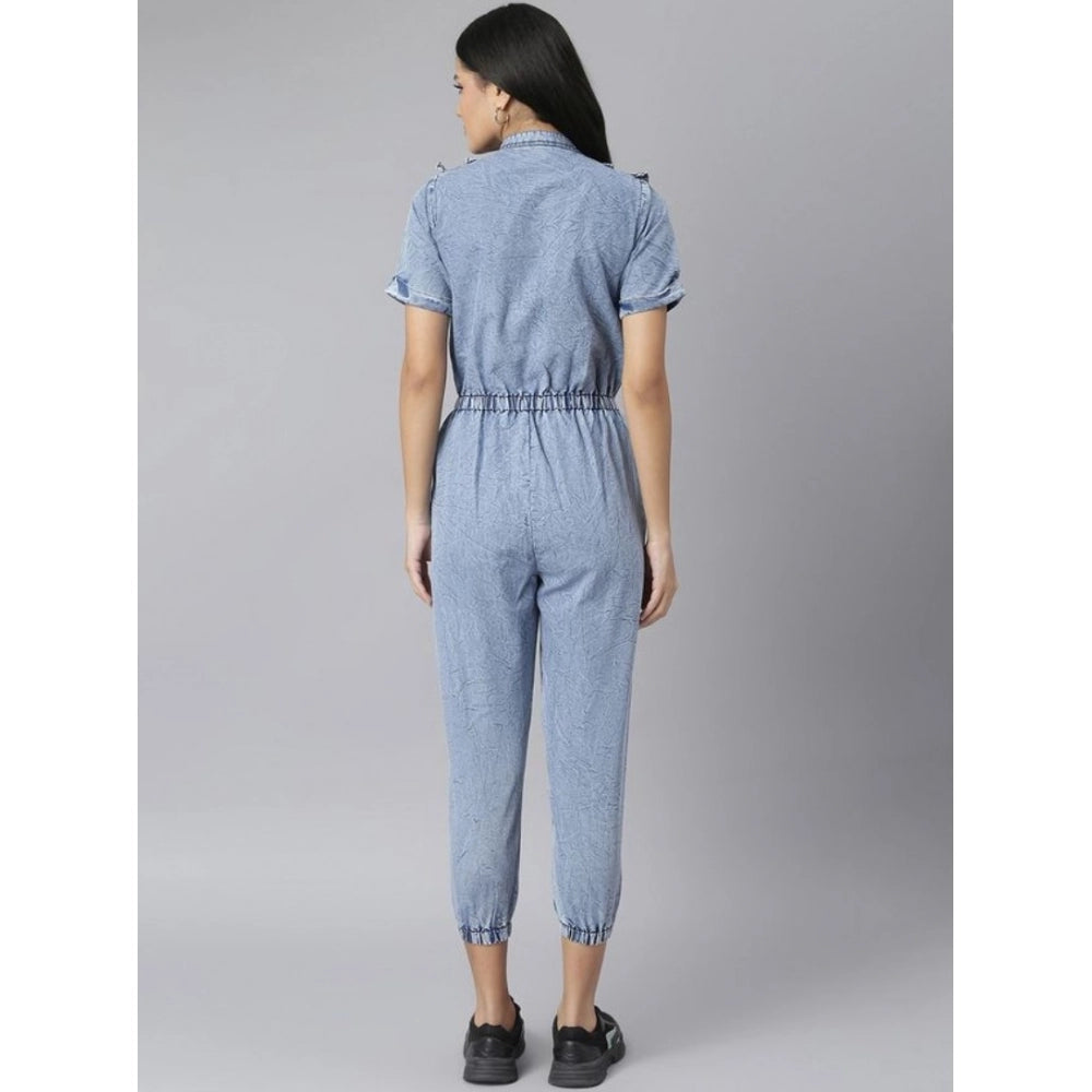 Women's Denim Self Design Tie Ups Jumpsuit (Blue)