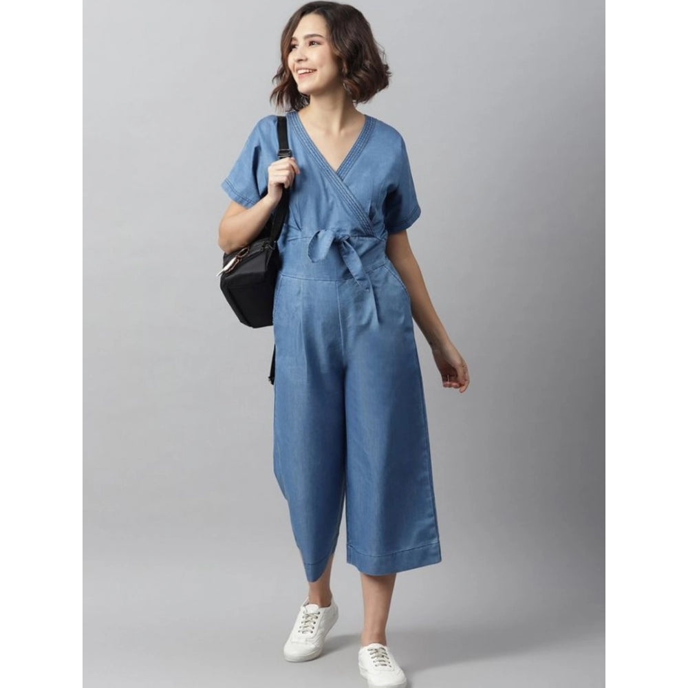 Women's Denim Solid Half Sleeve Jumpsuit (Blue)