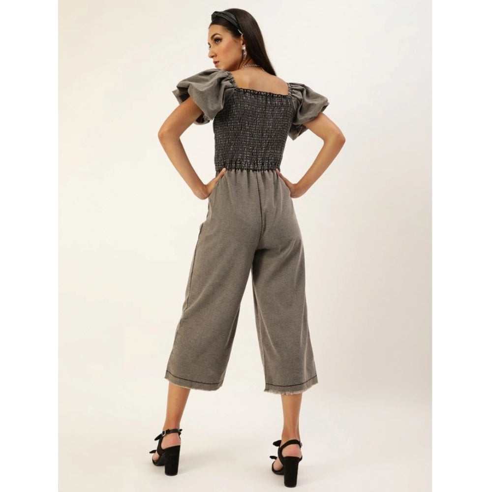 Women's Denim Solid Balloon Sleeve Jumpsuit (Black)