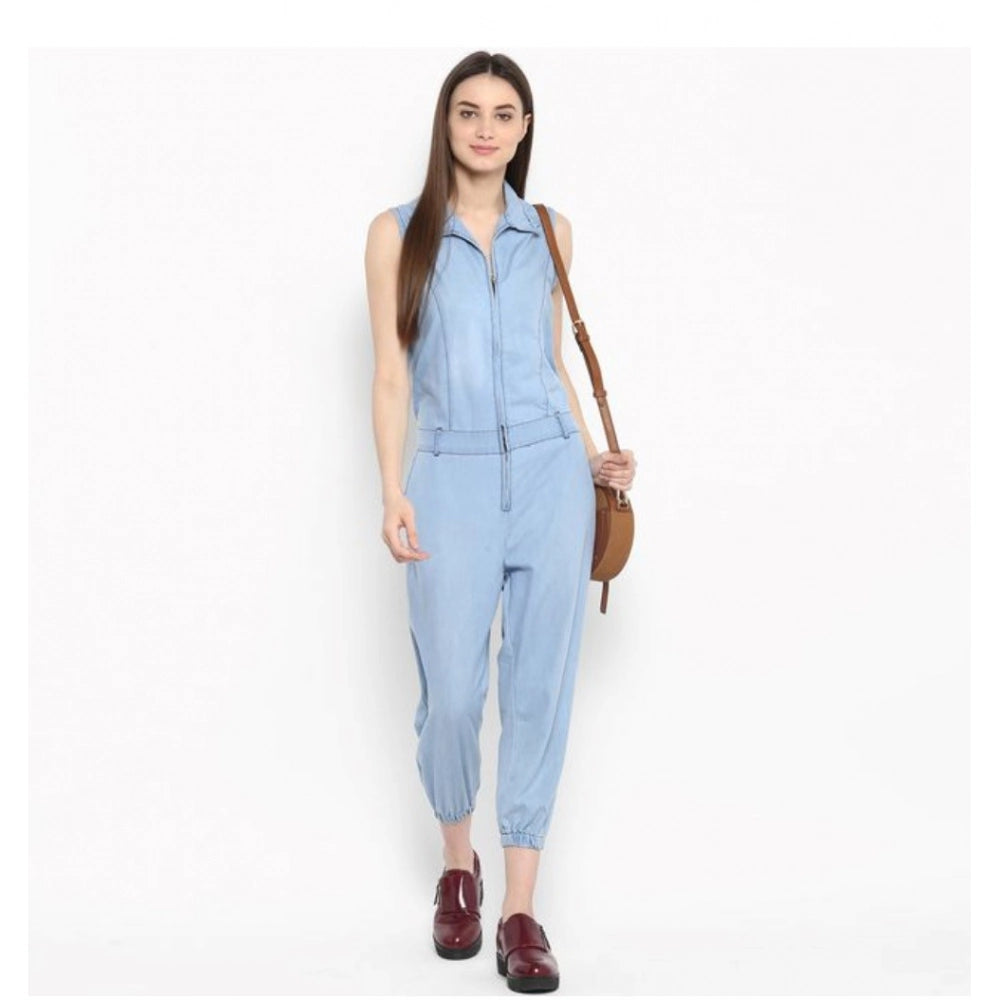 Women's Denim Solid Sleeveless Jumpsuit (Blue)