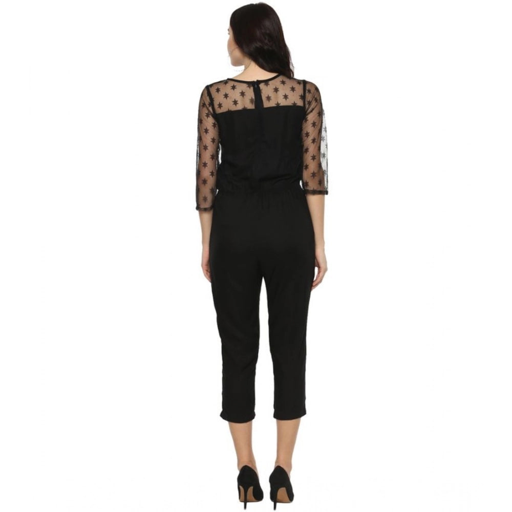 Women's Polyester Self Design 3/4th Sleeve Jumpsuit (Black)