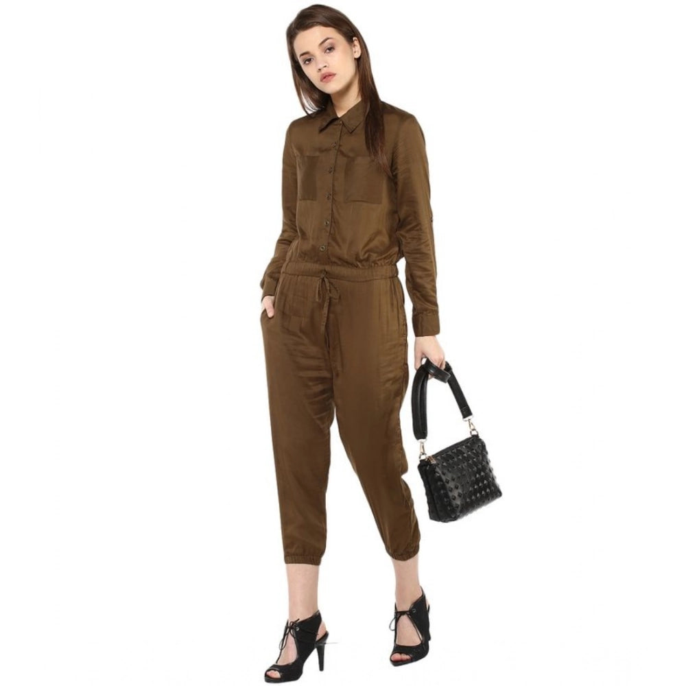 Women's Rayon Solid Long Sleeve Jumpsuit (Olive)