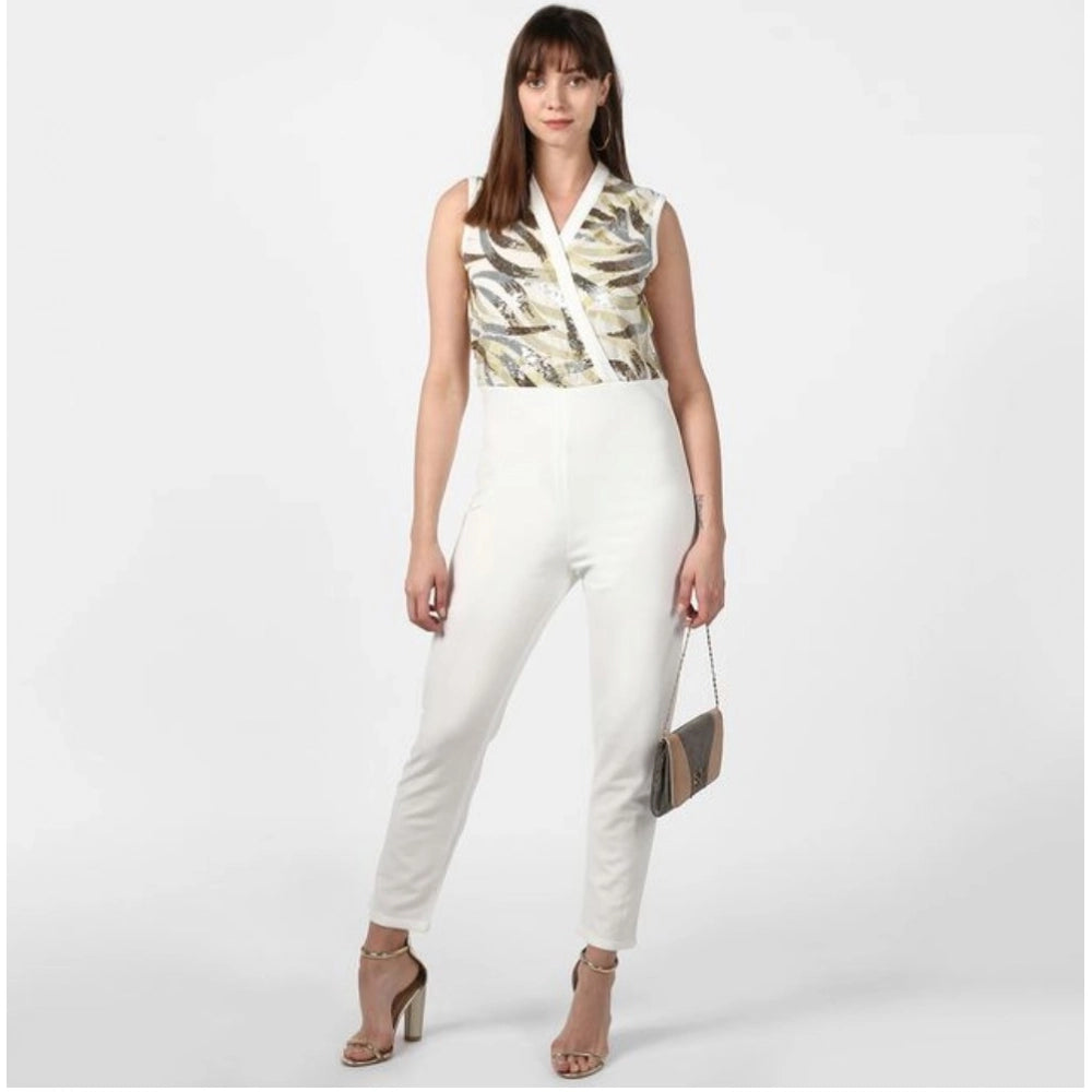 Women's Polyester Embellished Sleeveless Jumpsuit (White)