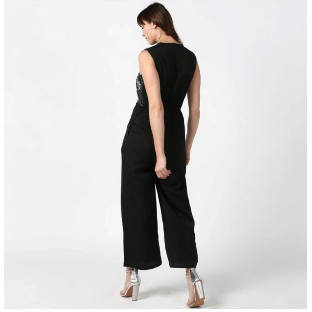 Women's Polyester Embroidered Sleeveless Jumpsuit (Black)