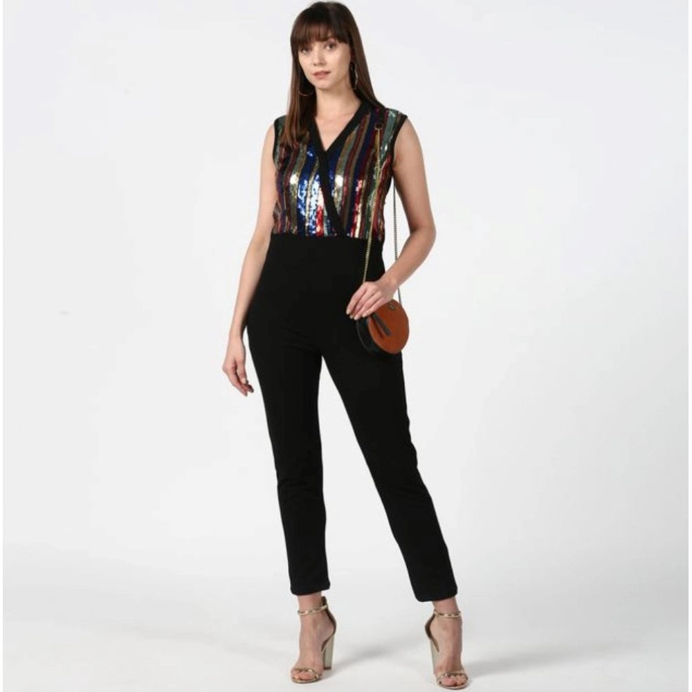 Women's Polyester Embellished Sleeveless Jumpsuit (Black)