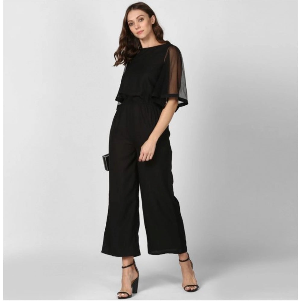 Women's Polyester Solid Half Sleeve Jumpsuit (Black)
