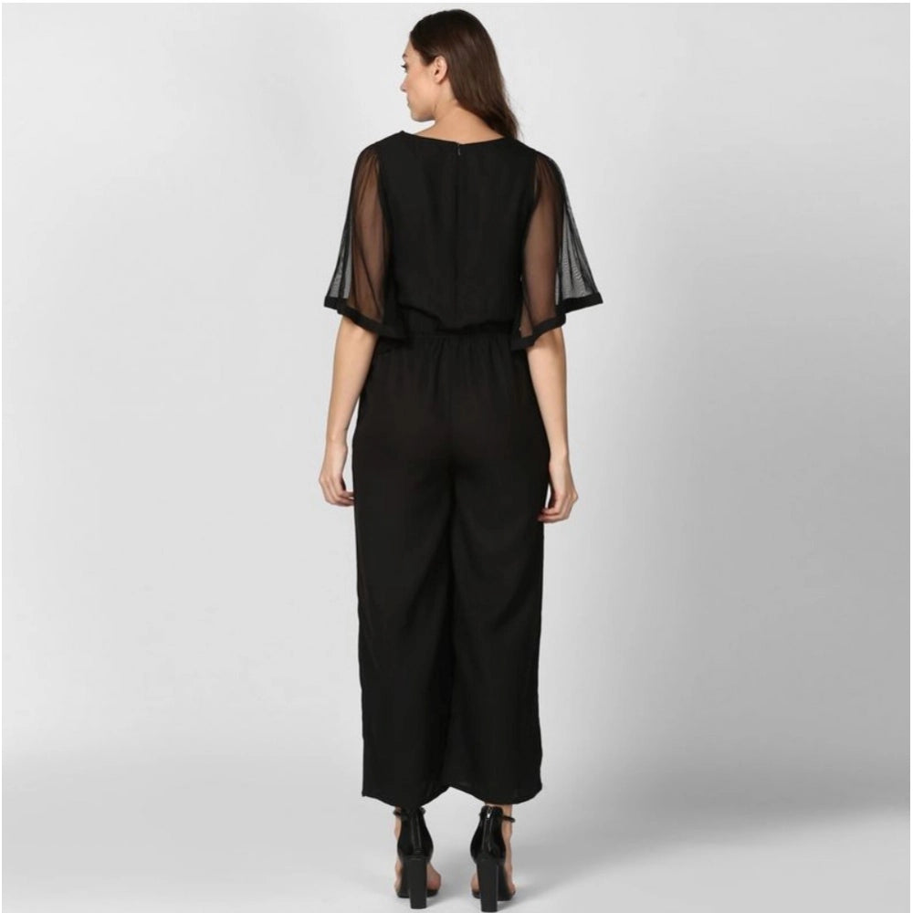 Women's Polyester Solid Half Sleeve Jumpsuit (Black)
