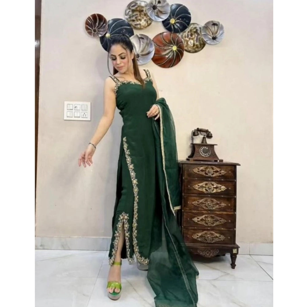 Women's Georgette Embroidery Sleeveless Round Neck Kurti, Palazzo And Dupatta Set (Green)
