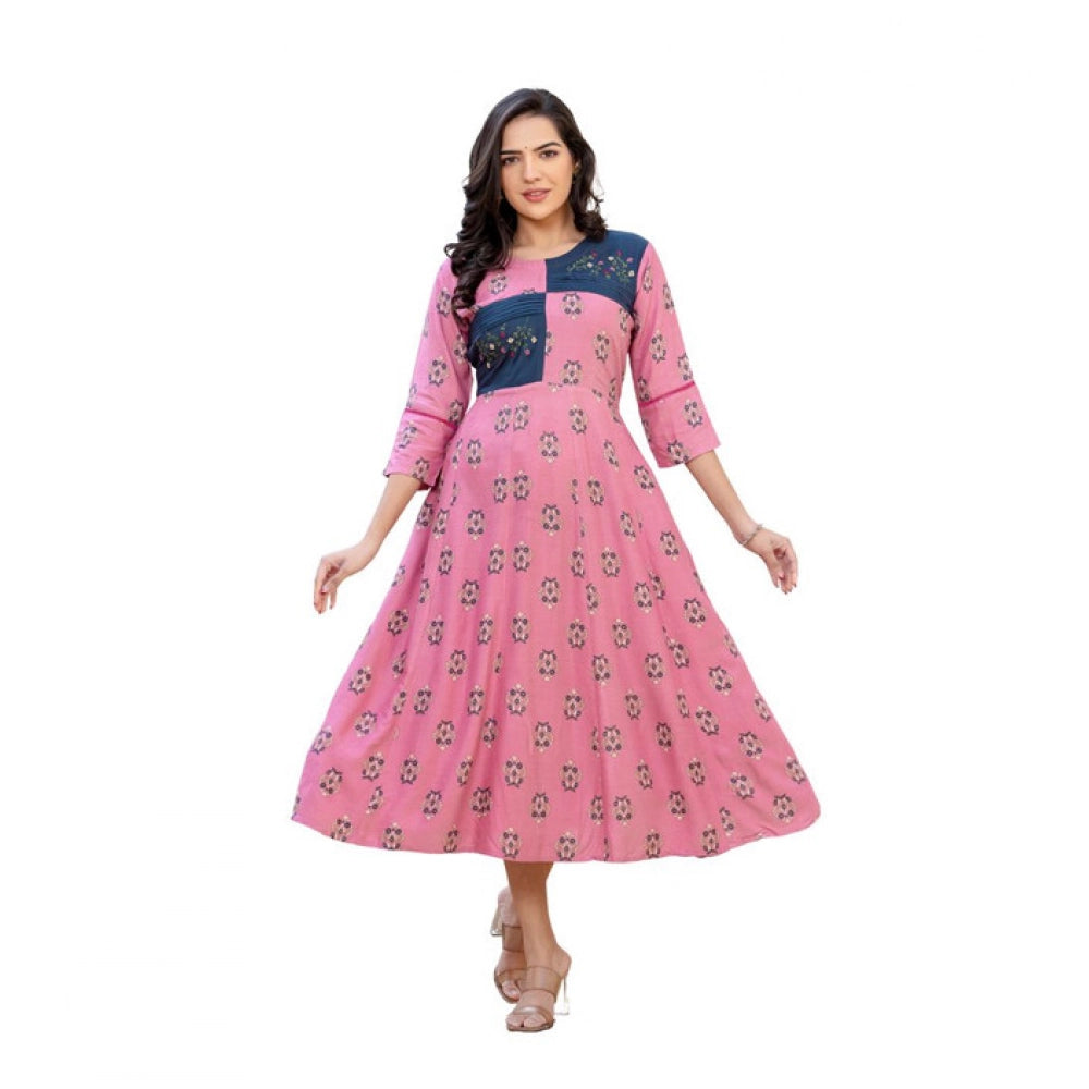 Women's Rayon Print With Embroidery Work A-Line Kurti (Wine)