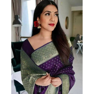 Women's Litchi silk Printed Saree With Unstitched Blouse (Purple)