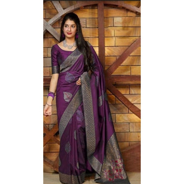 Women's Litchi silk Printed Saree With Unstitched Blouse (Purple)