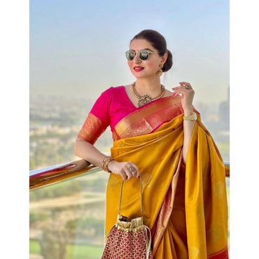 Women's Litchi silk Printed Saree With Unstitched Blouse (Yellow)