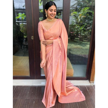 Women's Litchi silk Printed Saree With Unstitched Blouse (Peach)