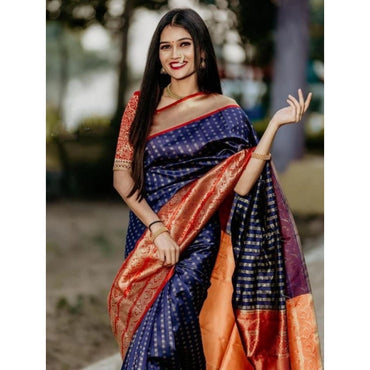 Women's Litchi silk Printed Saree With Unstitched Blouse (Blue)