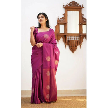 Women's Litchi silk Printed Saree With Unstitched Blouse (Dark Pink)