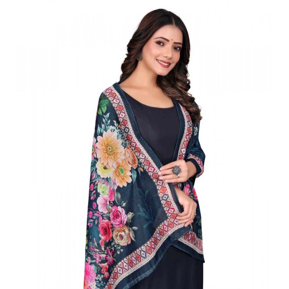 Women's chanderi silk Printed Shawl (Navy Blue, Length: 2 Mtr)
