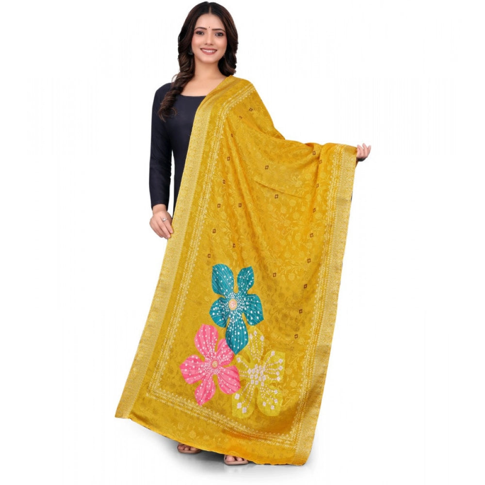 Women's chanderi silk Printed Shawl (Yellow, Length: 2 Mtr)