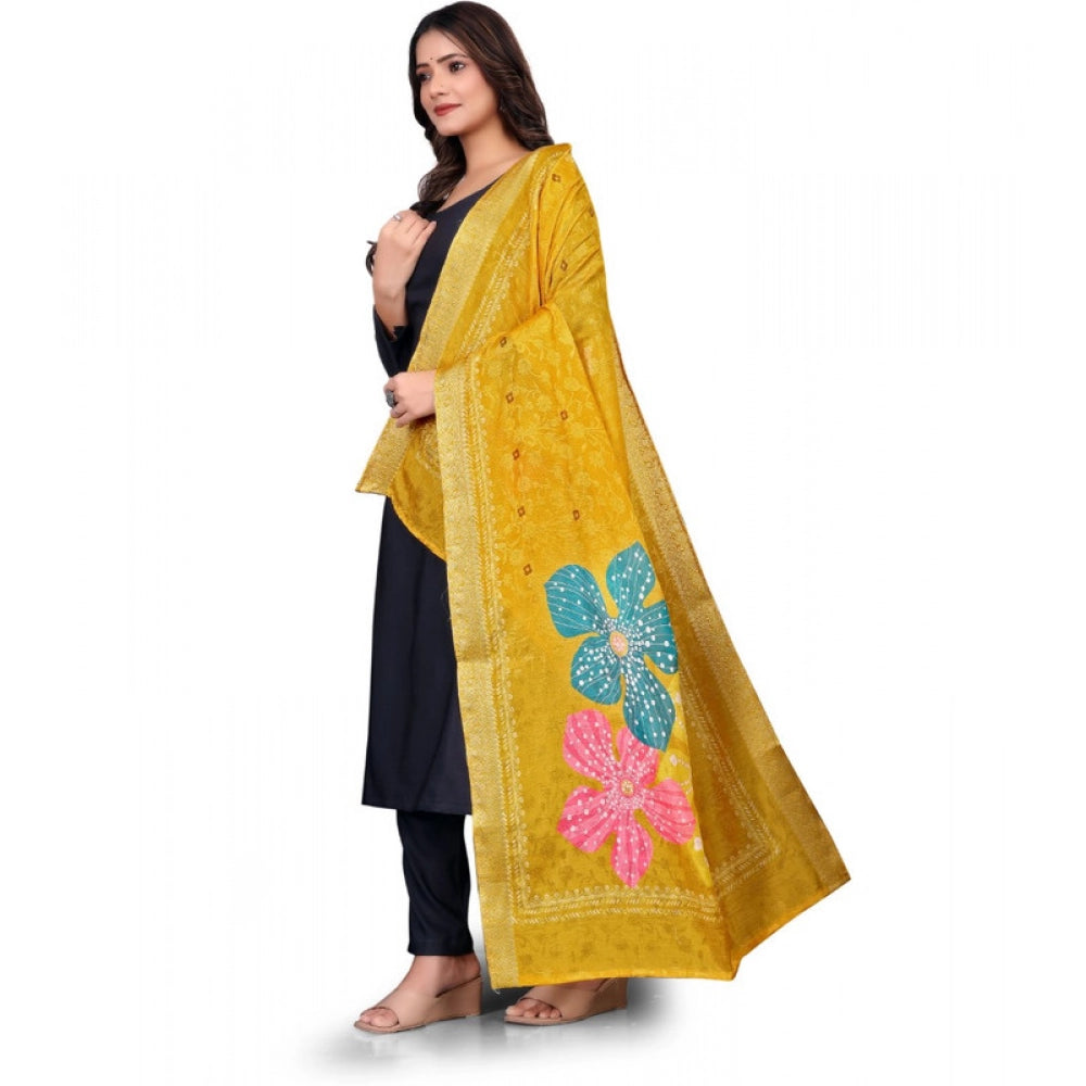 Women's chanderi silk Printed Shawl (Yellow, Length: 2 Mtr)