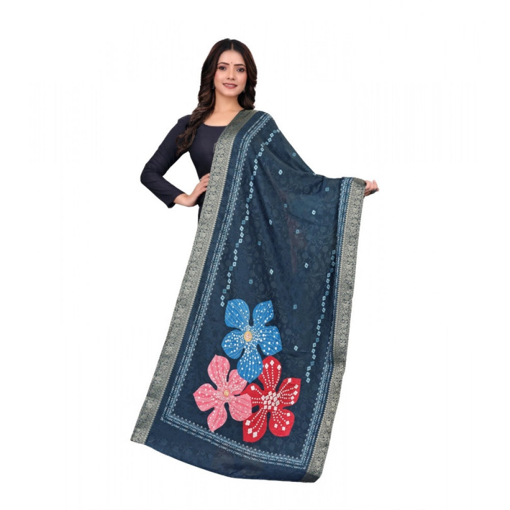 Women's chanderi silk Printed Shawl (Navy Blue, Length: 2 Mtr)