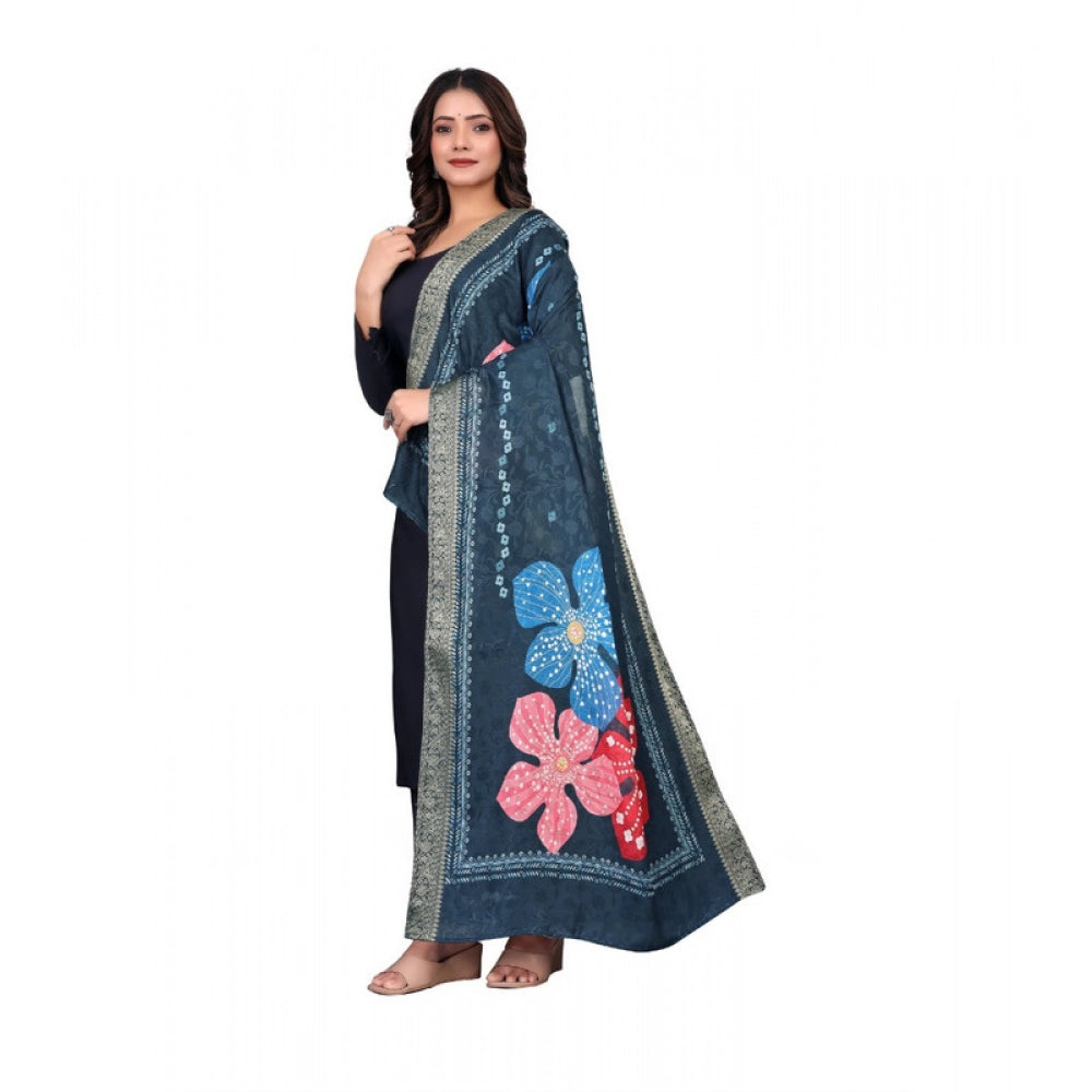 Women's chanderi silk Printed Shawl (Navy Blue, Length: 2 Mtr)