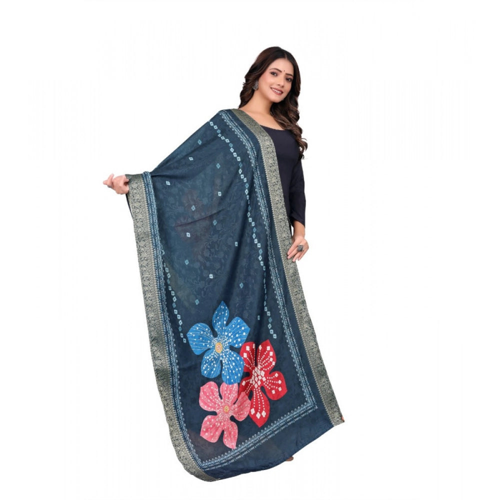 Women's chanderi silk Printed Shawl (Navy Blue, Length: 2 Mtr)