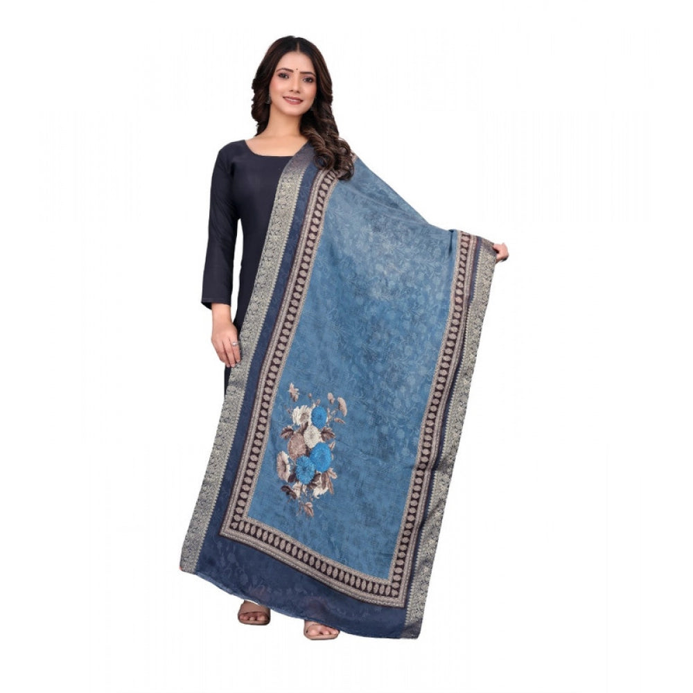 Women's chanderi silk Printed Shawl (Navy Blue, Length: 2 Mtr)
